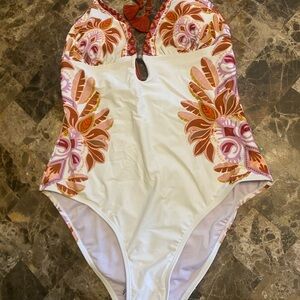 Cupshe White One-Piece Swimsuit with Pink & Brown Floral Motif Medium NWT
